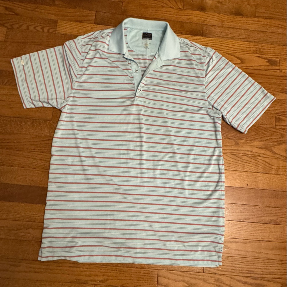 Greg Norman Men’s golf shirt polo stretch, size Large, Striped